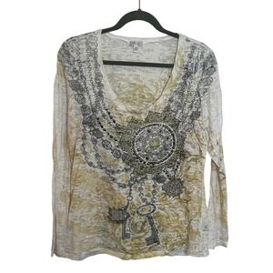 Vintage Cache Embellished Long Sleeve T Shirt Size XL White Gray Keys 90s Y2K‎